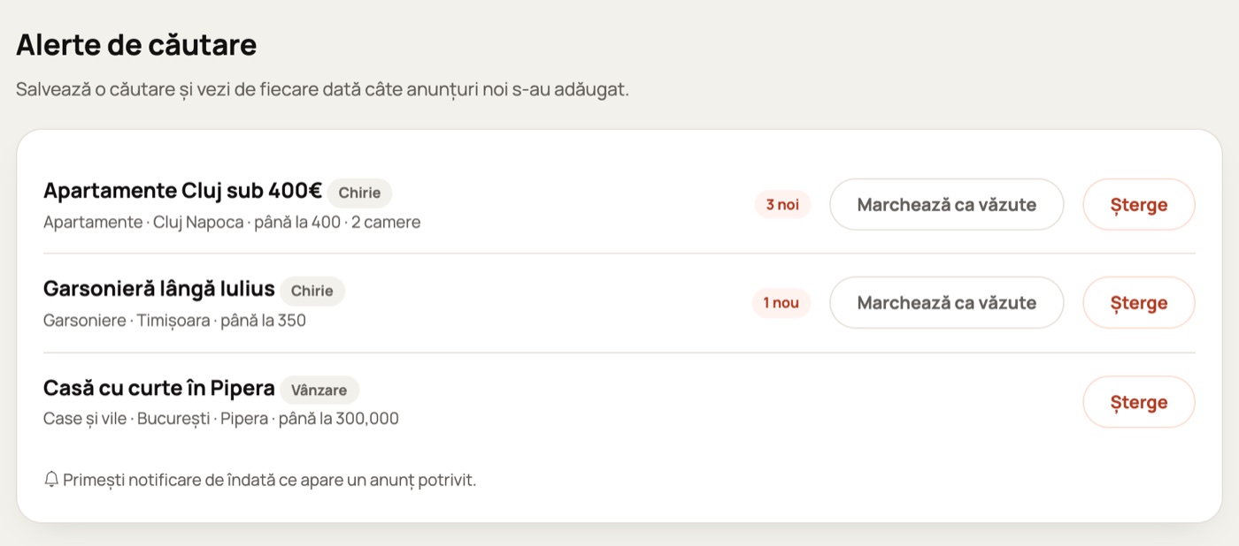 Alerte de căutare salvate, cu anunțurile noi găsite