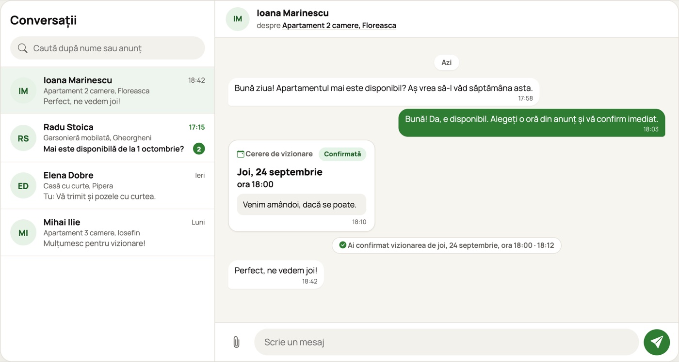 Conversație pe site cu un proprietar, cu o cerere de vizionare confirmată
